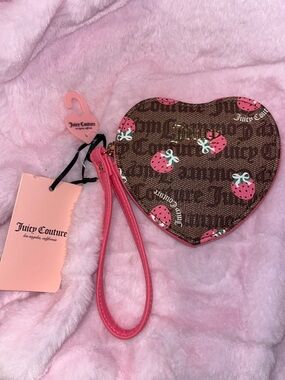 Juicy Couture Brown Heart Wristlet with Pink Strawberry Print